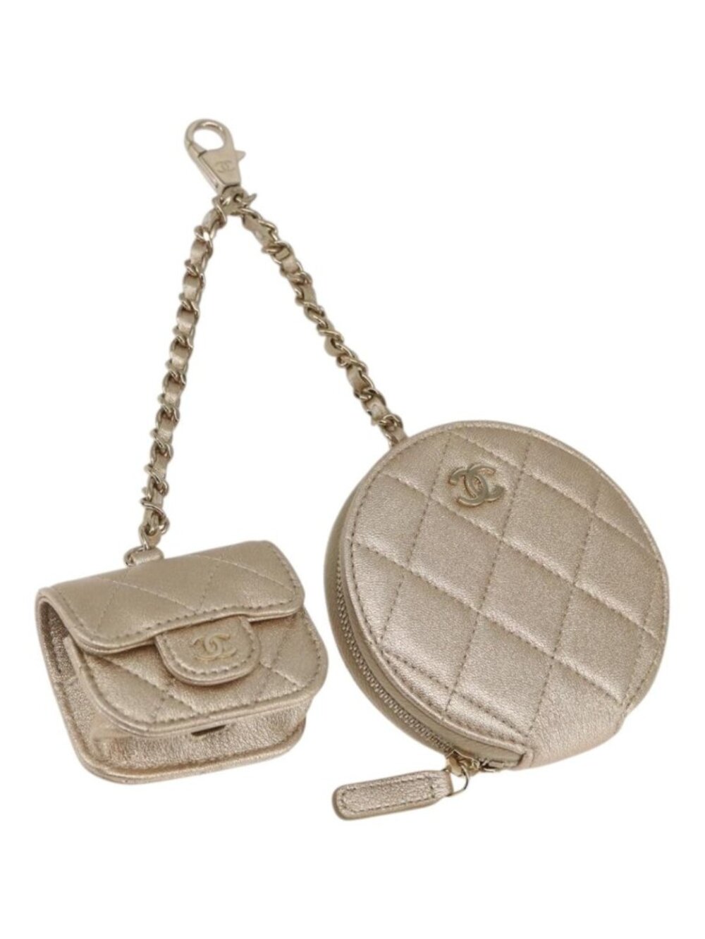 CHANEL Matelasse Earphone case Pouch Leather Champagne Gold CC